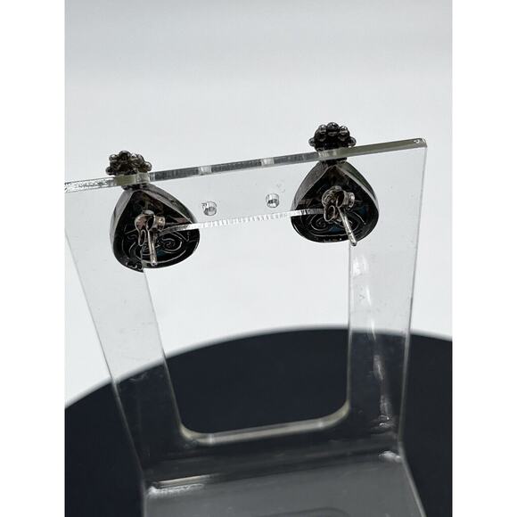 ClJ Turquoise Sterling Silver Teardrop Open Back Metal Work Flower Earrings - Picture 9 of 10